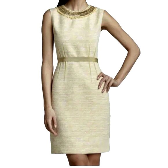 Elie Tahari Tweed Dress Size 12 Beaded Neckline Elegant Sheath Work Party - Picture 1 of 11
